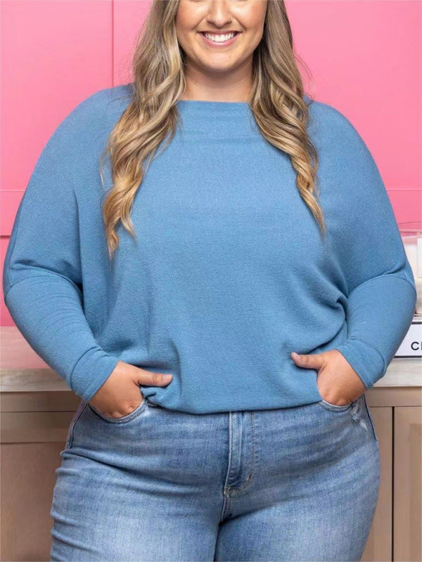 Plus size women's casual solid color long sleeve T-shirt Clear blue