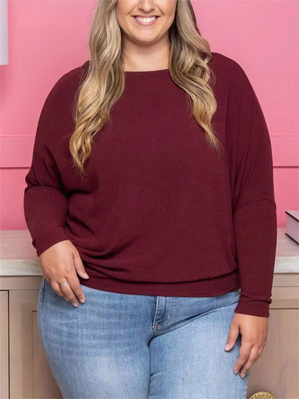 Plus size women's casual solid color long sleeve T-shirt Wine Red