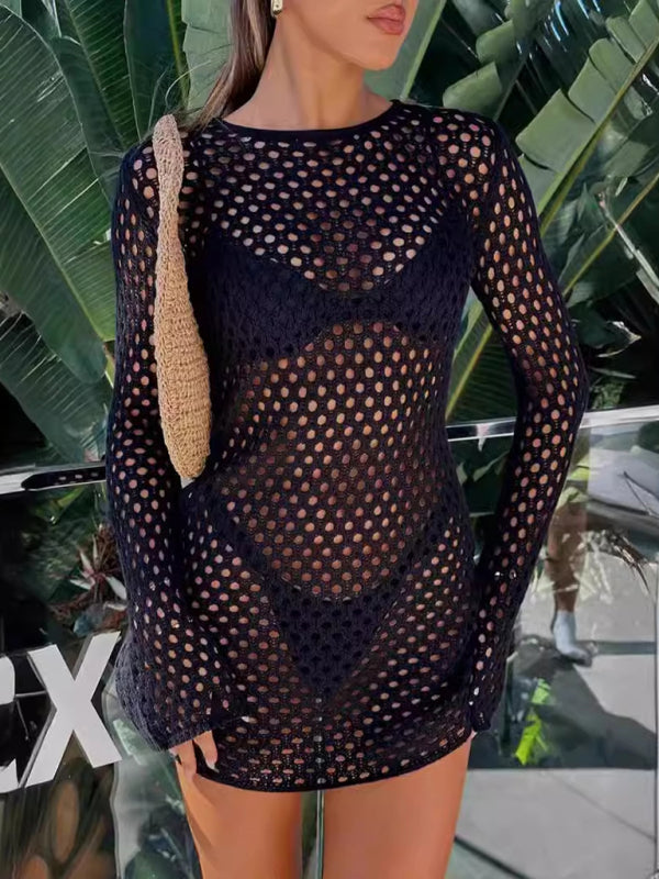 Knitted beach dress sexy hollow backless sun protection clothing seaside holiday bikini blouse Black