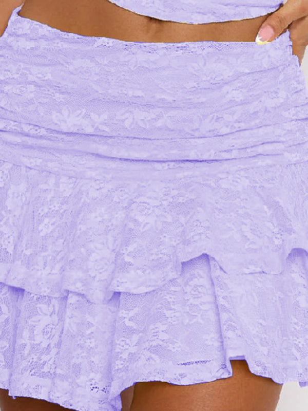 Multi Layer Lace Skirt Women Tiered Ruffle Mini Skirt Purple