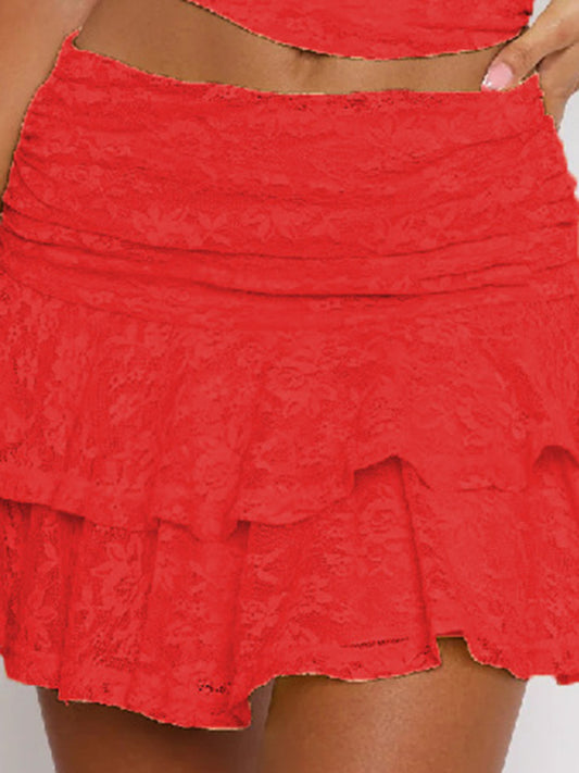 Multi Layer Lace Skirt Women Tiered Ruffle Mini Skirt Red