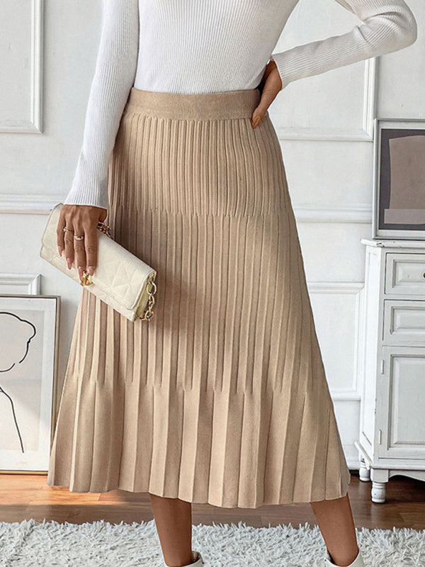 Pleated Knit Skirt for Women - Elastic Waist A-Line Midi Skirt Khaki