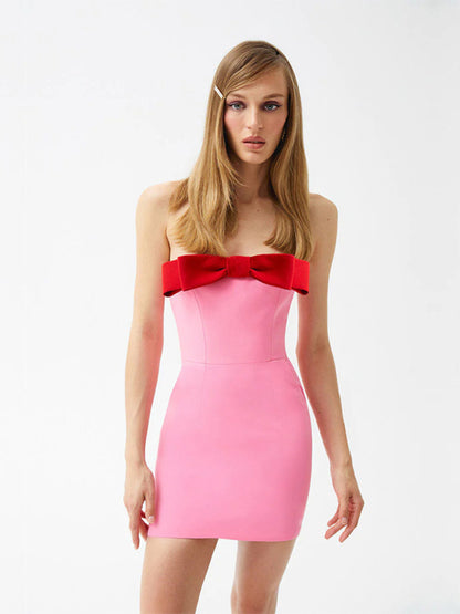 、Tube Top Bow Decorated Sexy Backless Double Layer Slim Hip Skirt Birthday Dress Rose