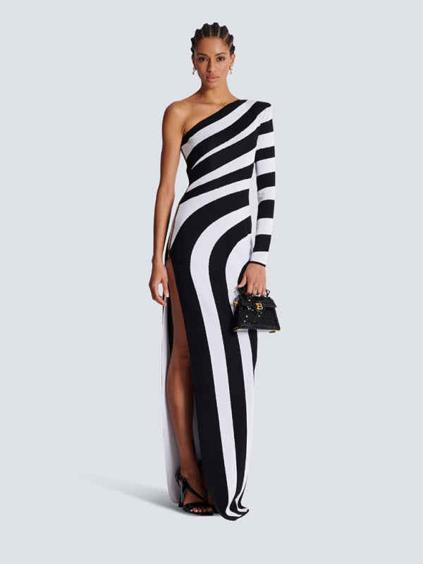 Zebra Print One Shoulder Long Sleeve Bare Leg Bandage Dress Banquet Party Dress Black