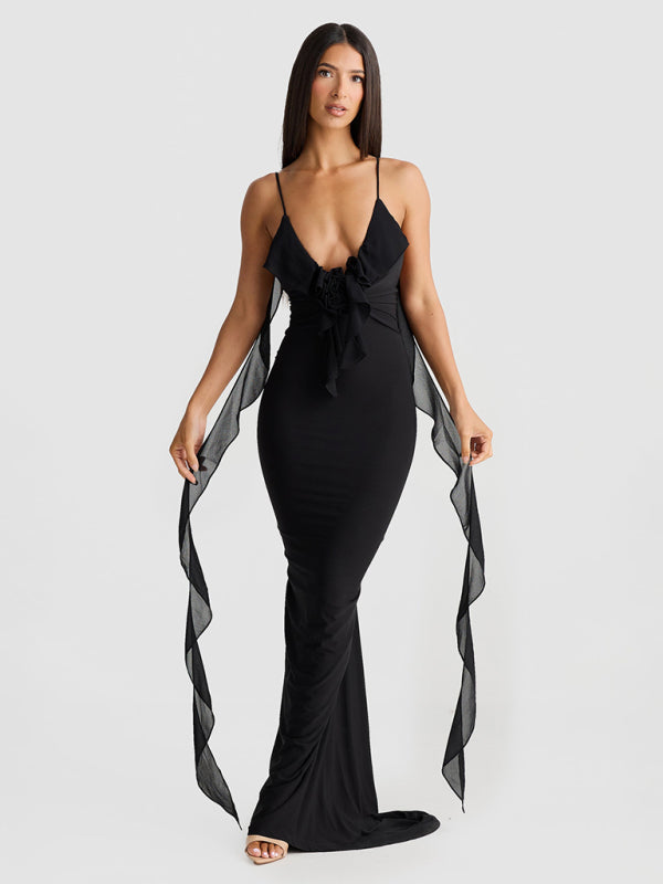 Hot girl's new sexy dress V-neck backless slim shoulder fishtail evening dress Black