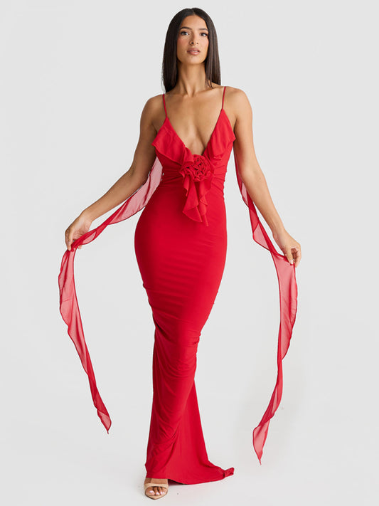 Hot girl's new sexy dress V-neck backless slim shoulder fishtail evening dress Red