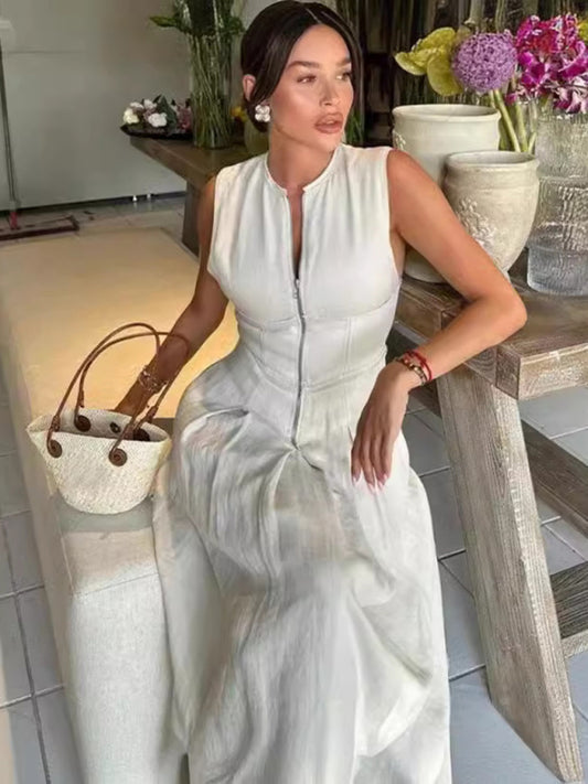 Modern Sleeveless V-neck Casual Temperament Commuter Waist Zipper Neck Dress Cream