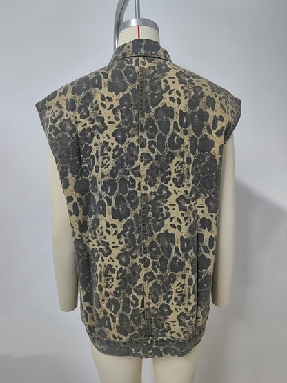 Leopard Print Denim Vest - Loose Fit Sleeveless Waistcoat