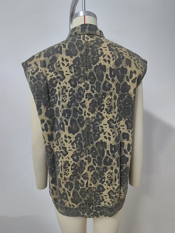Leopard Print Denim Vest - Loose Fit Sleeveless Waistcoat