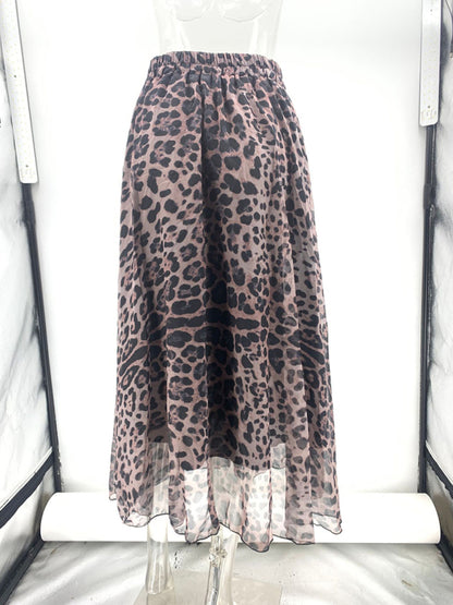 Leopard Print Chiffon Skirt Women Elastic Waist Wide Swing Midi