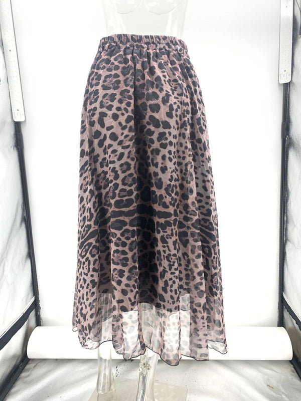 Leopard Print Chiffon Skirt Women Elastic Waist Wide Swing Midi