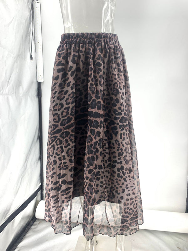 Leopard Print Chiffon Skirt Women Elastic Waist Wide Swing Midi