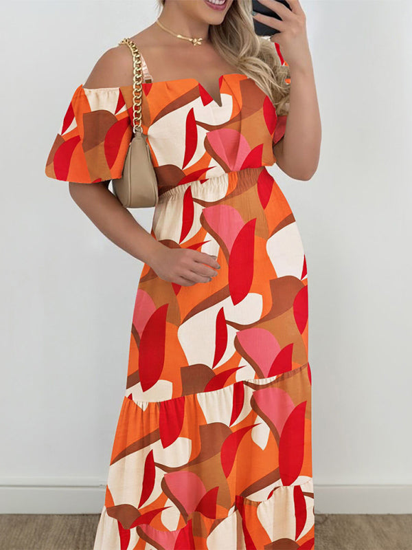 One Shoulder High Waist Contrast Color Dress - Orange Summer Dress Orange