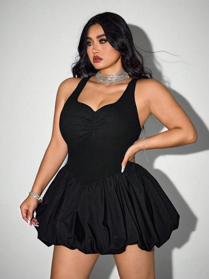 Plus size women's sleeveless dress high waist suspender short dress Black