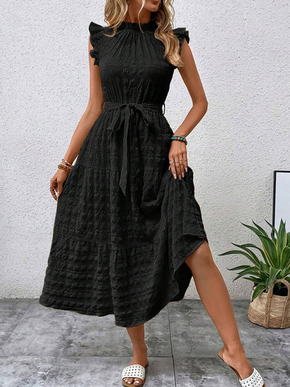 Ruffled Flying Sleeve Lace-Up Textured Dress - Spring Summer Fashion