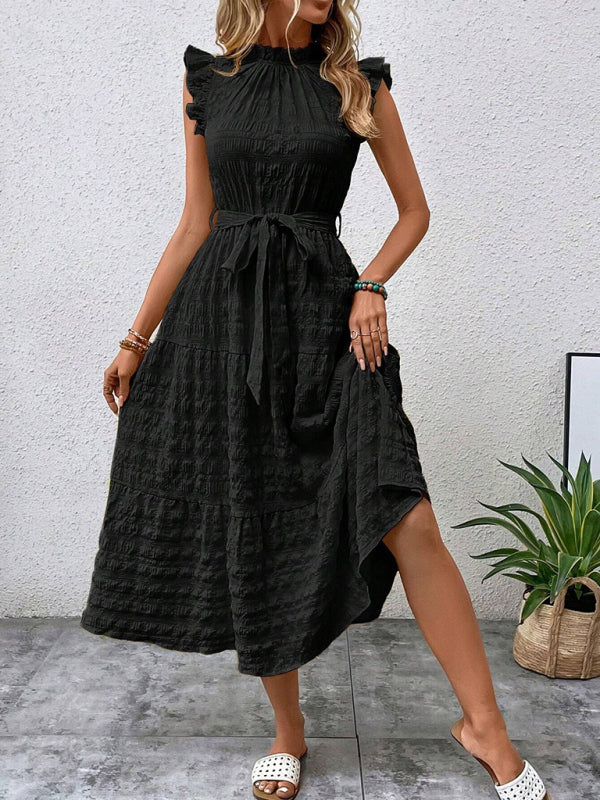 Ruffled Flying Sleeve Lace-Up Textured Dress - Spring Summer Fashion