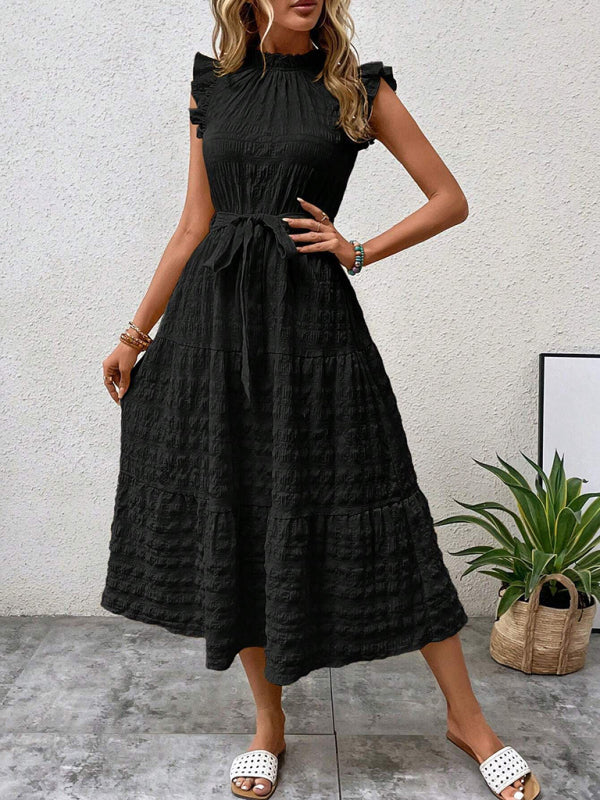 Ruffled Flying Sleeve Lace-Up Textured Dress - Spring Summer Fashion Black