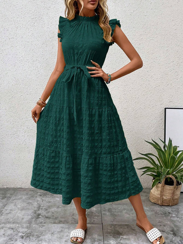 Ruffled Flying Sleeve Lace-Up Textured Dress - Spring Summer Fashion