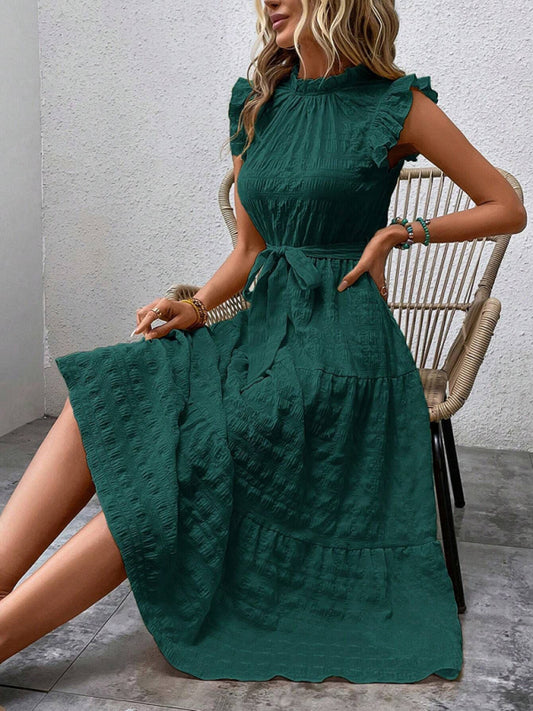 Ruffled Flying Sleeve Lace-Up Textured Dress - Spring Summer Fashion Green black jasper