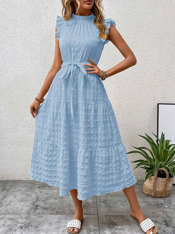 Ruffled Flying Sleeve Lace-Up Textured Dress - Spring Summer Fashion