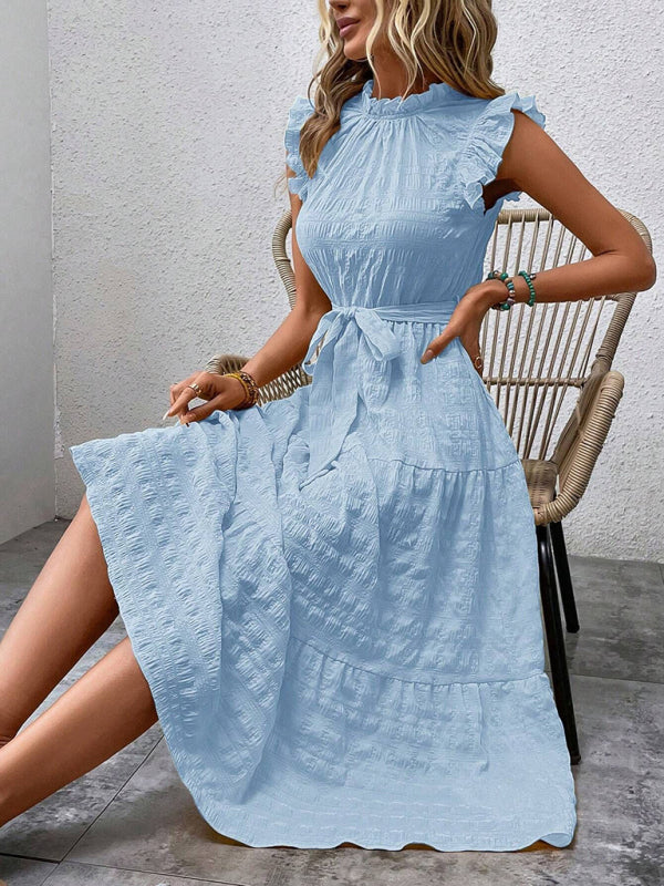 Ruffled Flying Sleeve Lace-Up Textured Dress - Spring Summer Fashion Clear blue