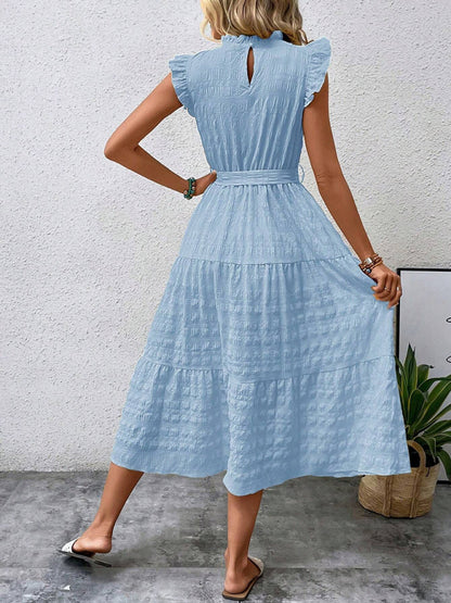 Ruffled Flying Sleeve Lace-Up Textured Dress - Spring Summer Fashion