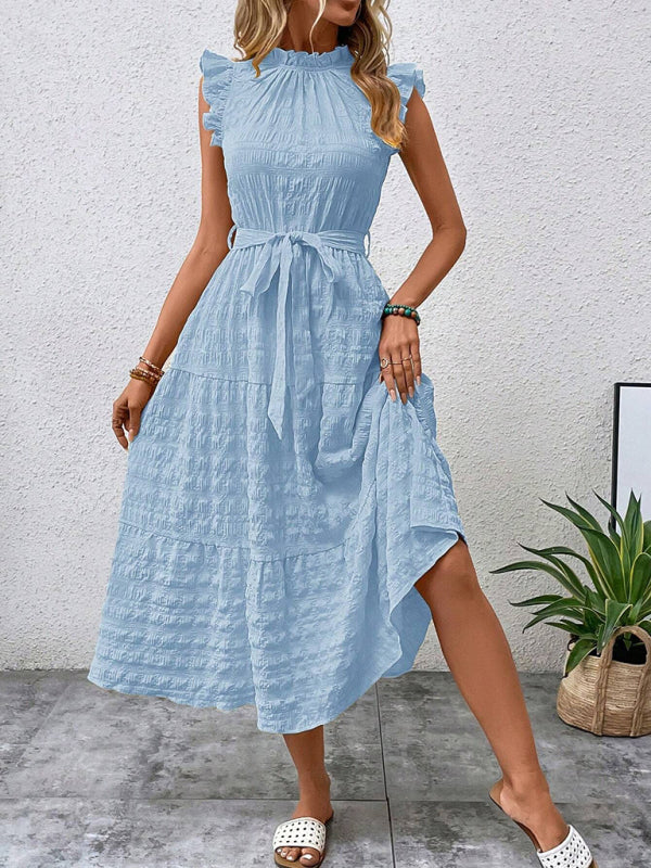 Ruffled Flying Sleeve Lace-Up Textured Dress - Spring Summer Fashion