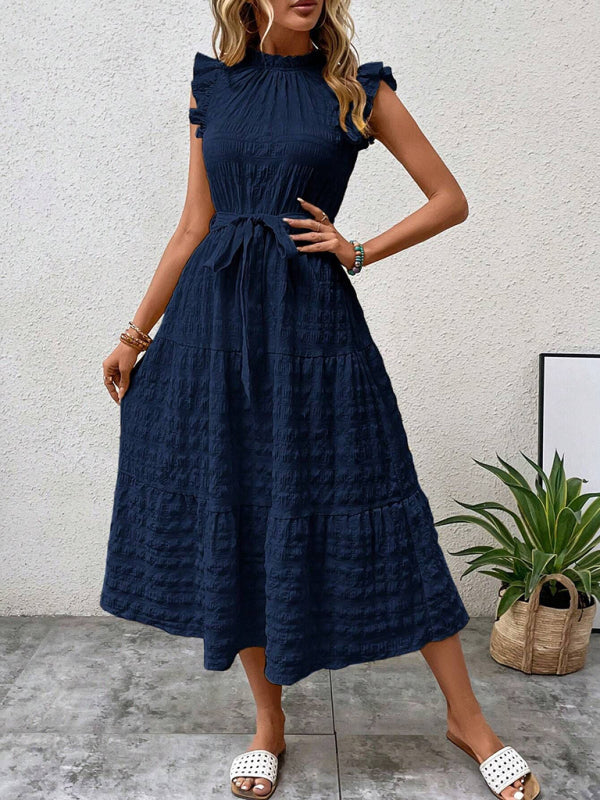 Ruffled Flying Sleeve Lace-Up Textured Dress - Spring Summer Fashion
