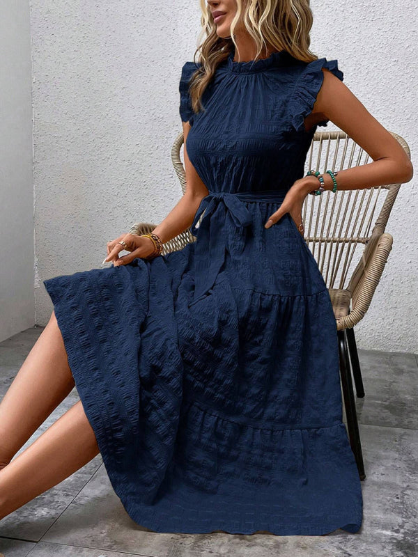Ruffled Flying Sleeve Lace-Up Textured Dress - Spring Summer Fashion Champlain color