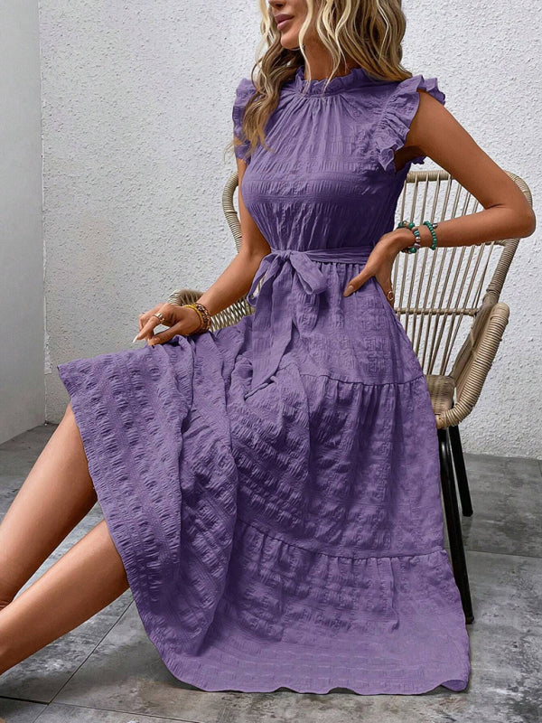 Ruffled Flying Sleeve Lace-Up Textured Dress - Spring Summer Fashion