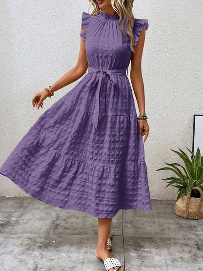 Ruffled Flying Sleeve Lace-Up Textured Dress - Spring Summer Fashion Purple
