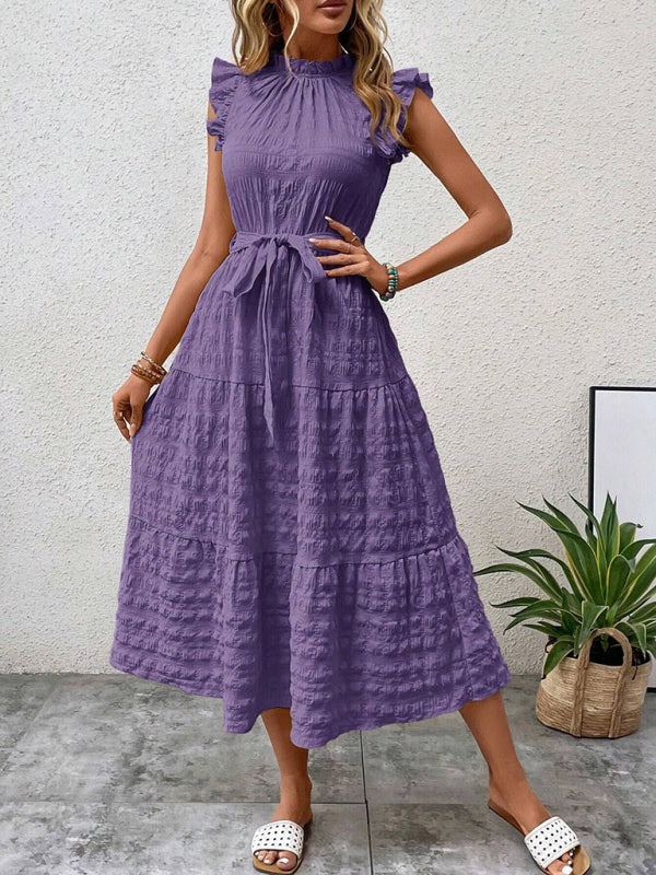 Ruffled Flying Sleeve Lace-Up Textured Dress - Spring Summer Fashion