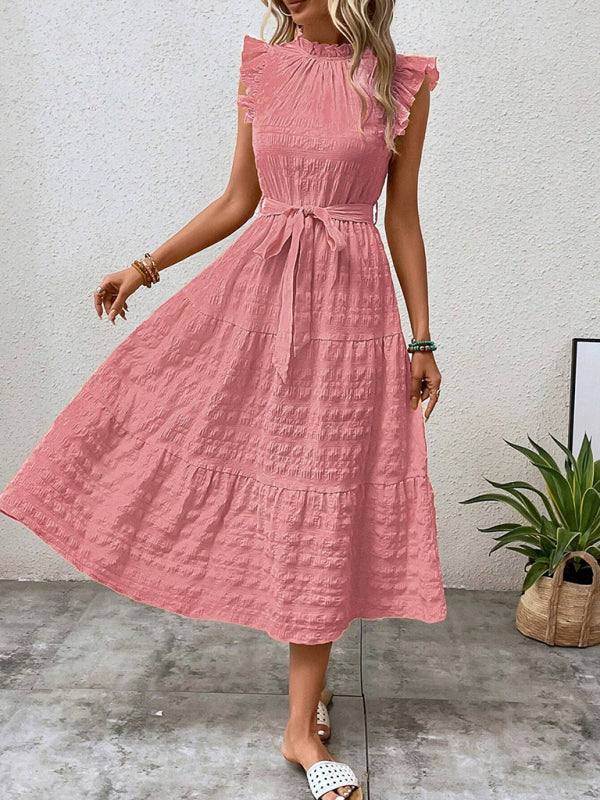 Ruffled Flying Sleeve Lace-Up Textured Dress - Spring Summer Fashion