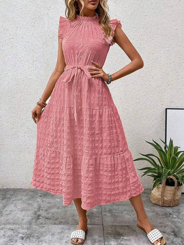Ruffled Flying Sleeve Lace-Up Textured Dress - Spring Summer Fashion