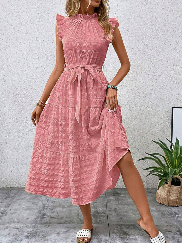 Ruffled Flying Sleeve Lace-Up Textured Dress - Spring Summer Fashion Pink