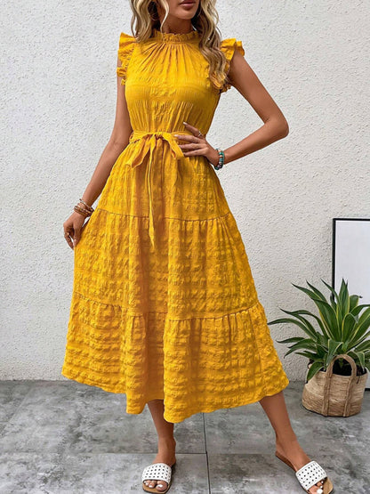 Ruffled Flying Sleeve Lace-Up Textured Dress - Spring Summer Fashion Yellow