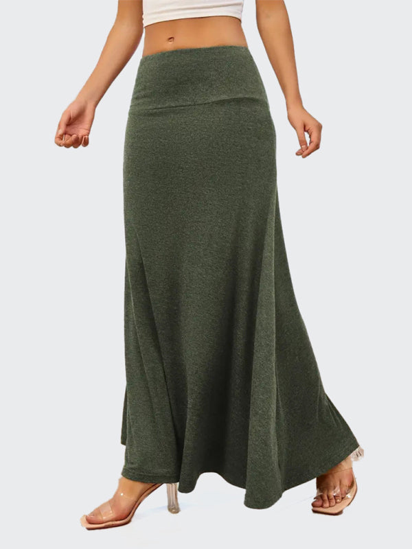 Solid Color A-Line Knitted Skirt Women Casual Midi Length Olive green