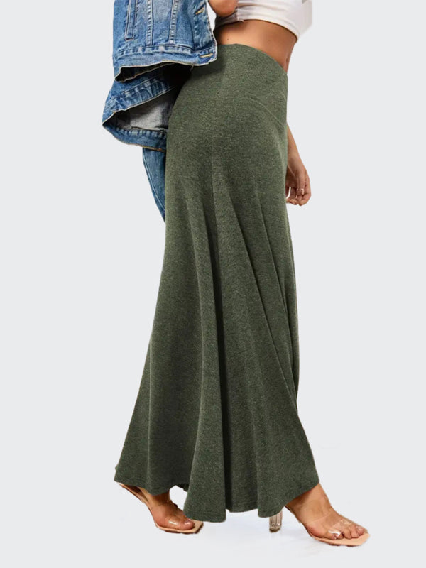 Solid Color A-Line Knitted Skirt Women Casual Midi Length