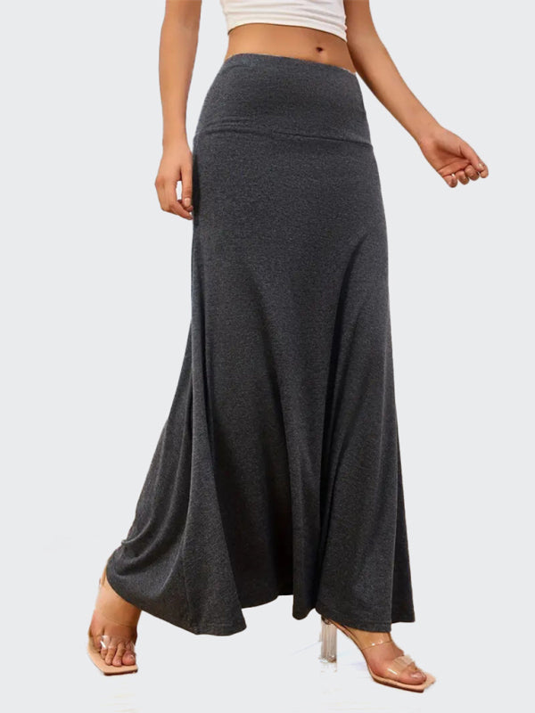 Solid Color A-Line Knitted Skirt Women Casual Midi Length
