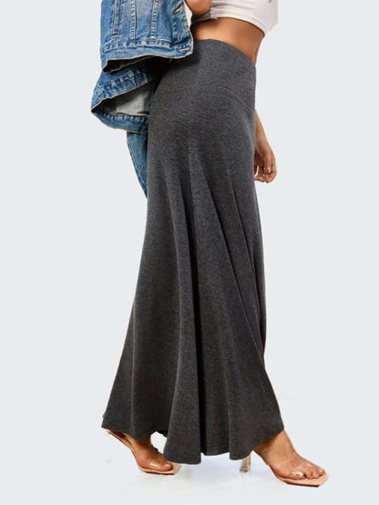Solid Color A-Line Knitted Skirt Women Casual Midi Length