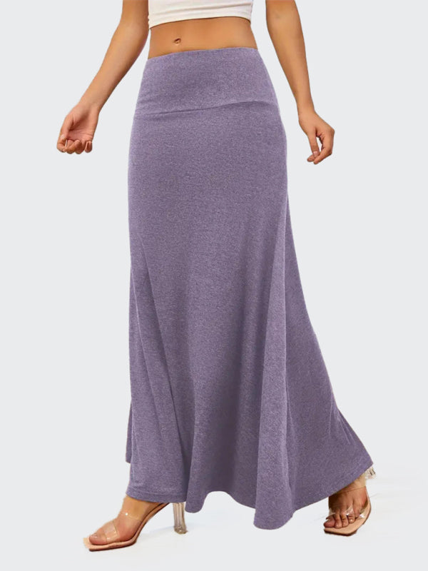 Solid Color A-Line Knitted Skirt Women Casual Midi Length Purple