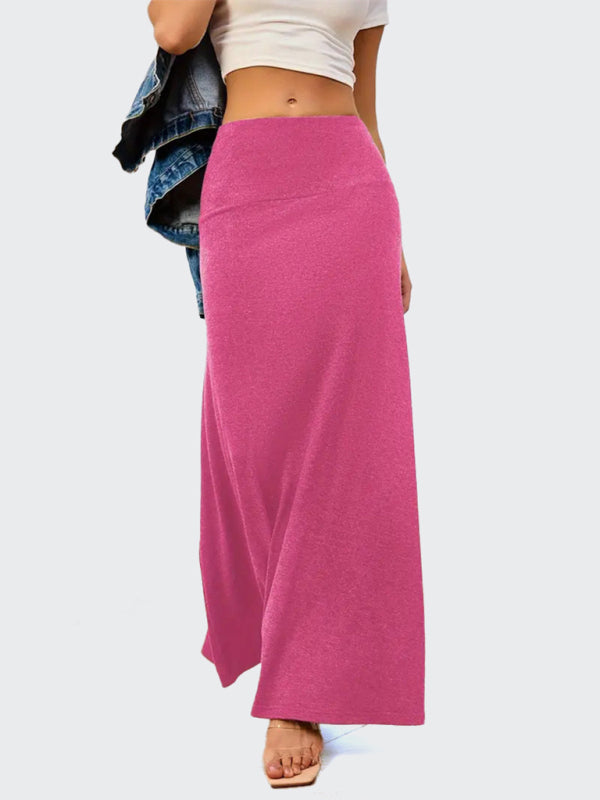 Solid Color A-Line Knitted Skirt Women Casual Midi Length