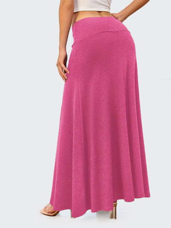 Solid Color A-Line Knitted Skirt Women Casual Midi Length