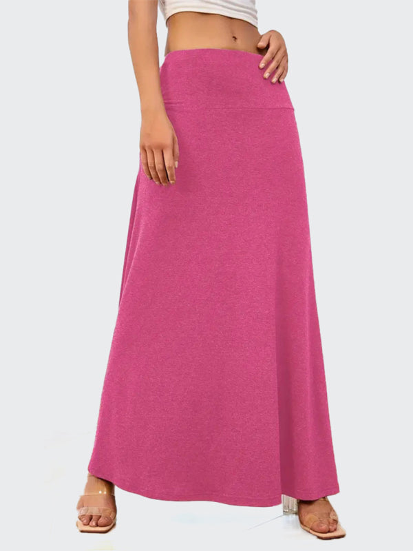 Solid Color A-Line Knitted Skirt Women Casual Midi Length Rose