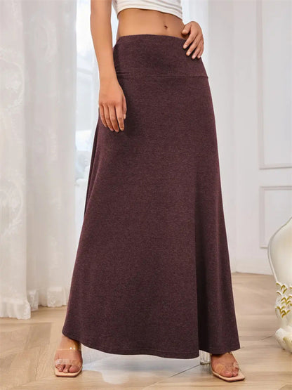 Solid Color A-Line Knitted Skirt Women Casual Midi Length
