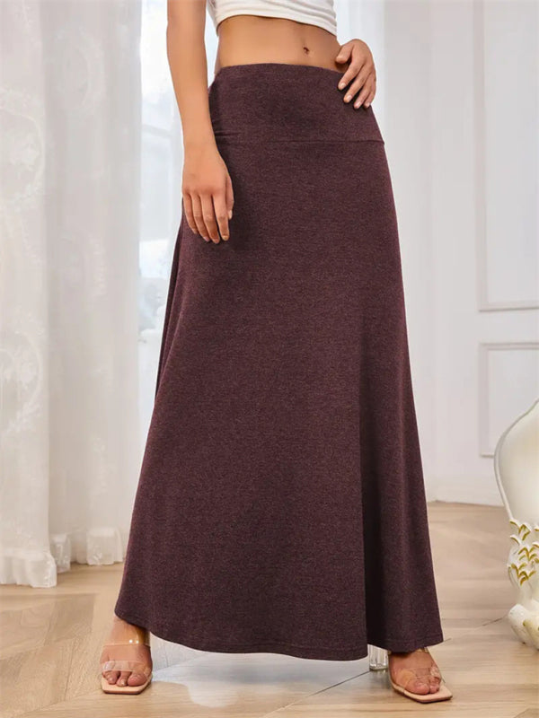 Solid Color A-Line Knitted Skirt Women Casual Midi Length