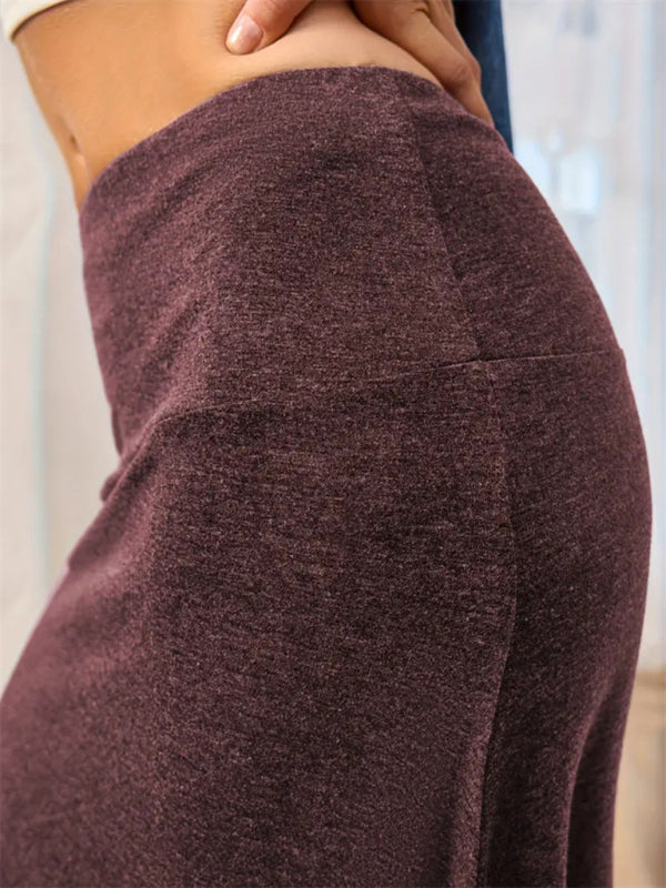 Solid Color A-Line Knitted Skirt Women Casual Midi Length