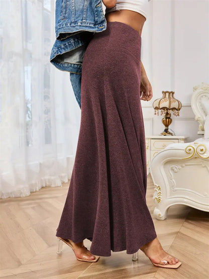 Solid Color A-Line Knitted Skirt Women Casual Midi Length