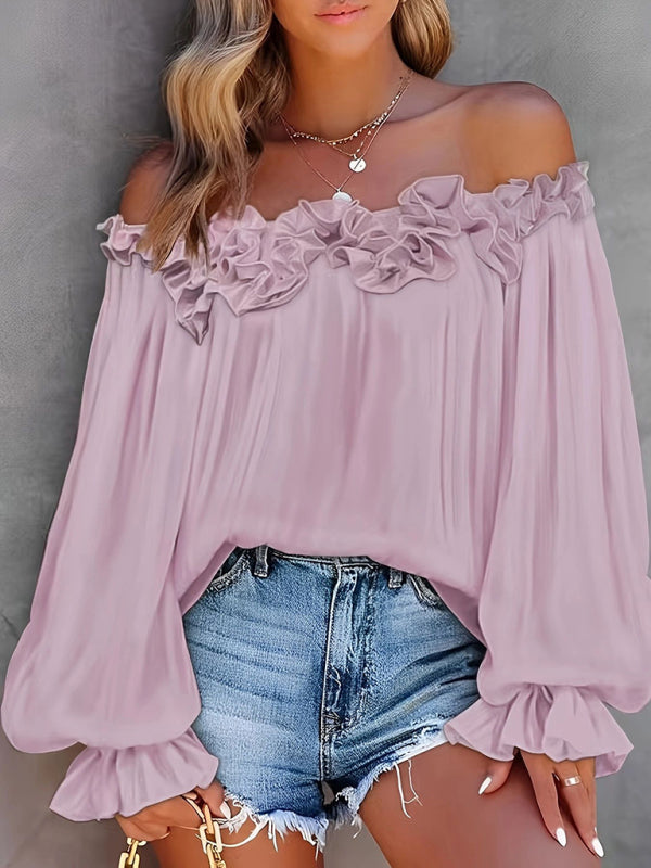 Plus size women's fashion ruffled one shoulder long sleeve top Purple