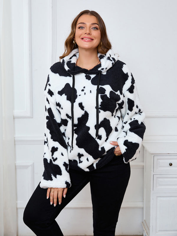 Plus size women's loose casual cow plush long sleeve hooded sweatshirt Black